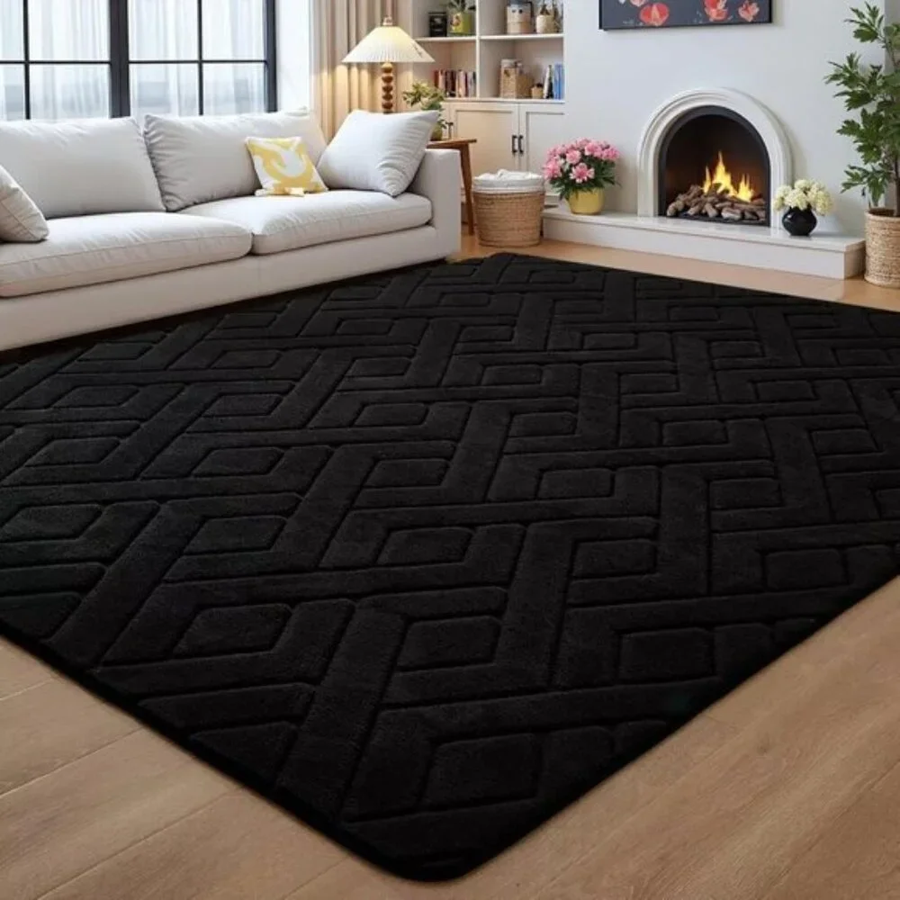 New 5x7 Black Washable Area Rug Geometric Shag with Non-Slip Backing
